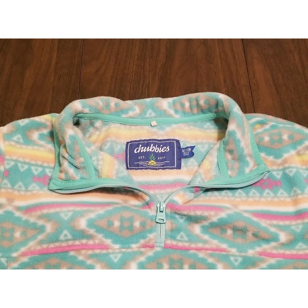Chubbies Fleece Men's Medium Teal Aztec Flame Commander Pullover 1/4 Zip Blanket - Picture 3 of 6